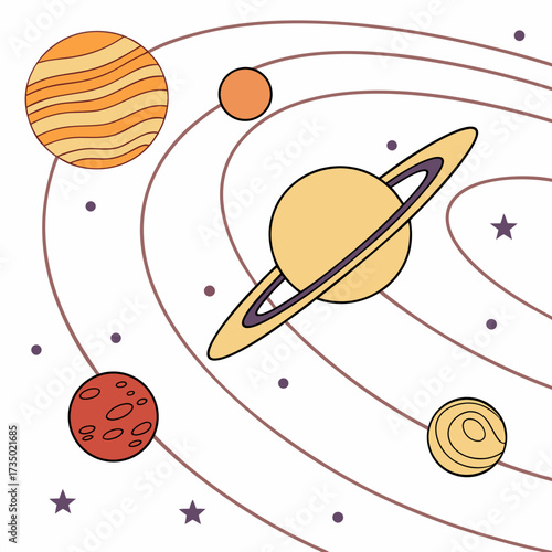 A cartoon solar system featuring planets with rings and orbits, stars, and celestial bodies in a whimsical and educational style