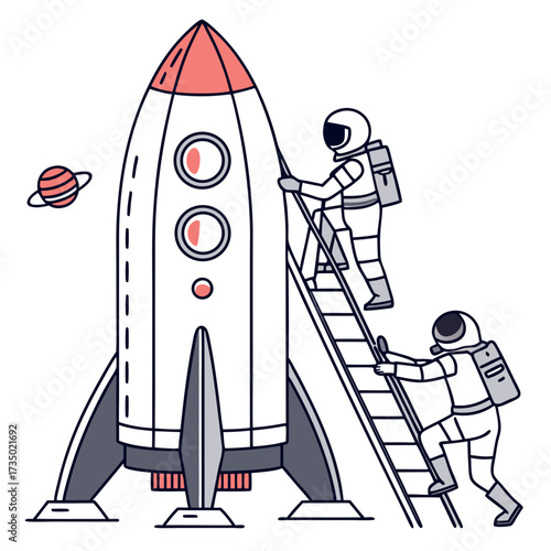 Two astronauts preparing for a space mission, one climbing a ladder to board a rocket, with a planet in the background