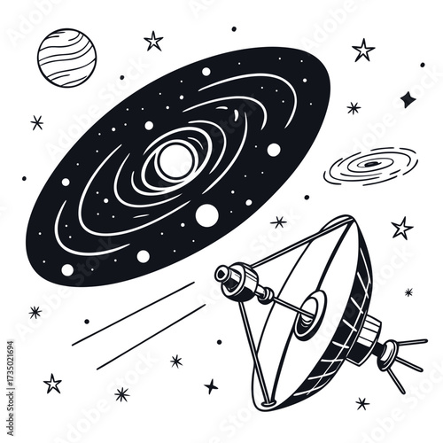 A striking monochrome illustration of a satellite dish amidst a cosmic backdrop of galaxies and stars, a perfect visual for telecommunications and space exploration