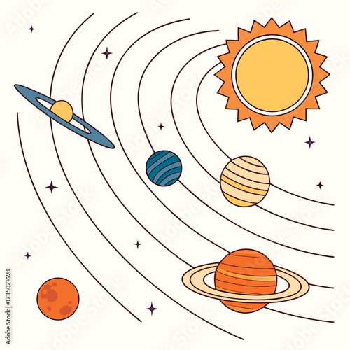 Colorful solar system illustration featuring the sun and planets orbiting around it, perfect for educational materials and spacethemed designs