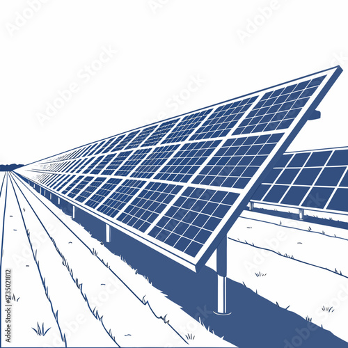 Solar panel farm illustration, depicting clean energy and sustainable practices in a minimalist, environmentally friendly design