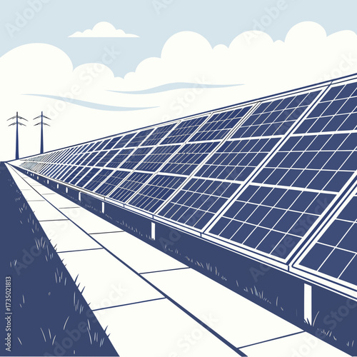 Solar panel farm illustration, highlighting renewable energy and technological advancement in a serene, environmentally conscious setting