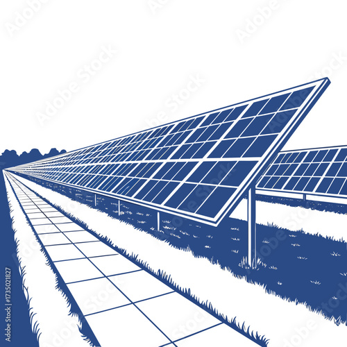 Solar panel farm illustration, showcasing sustainable energy production and environmental consciousness in a clean, minimalist design