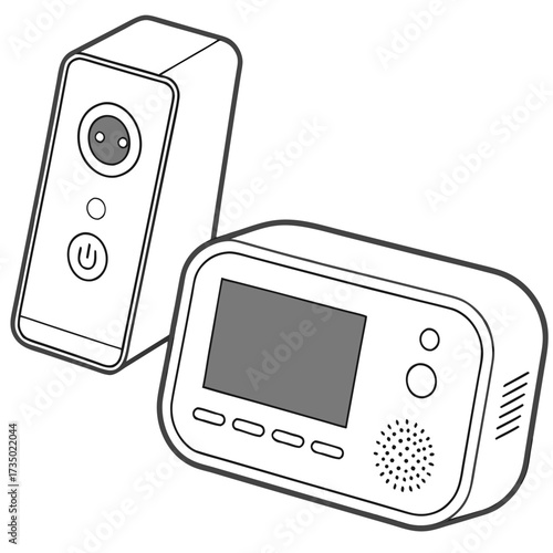 Isometric outline illustration of a smart plug and a smart home control panel with a touch screen, buttons, and speaker modern technology