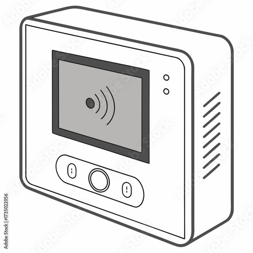 Isometric outline illustration of a smart home control panel with a touch screen, buttons, and ventilation modern technology for home automation