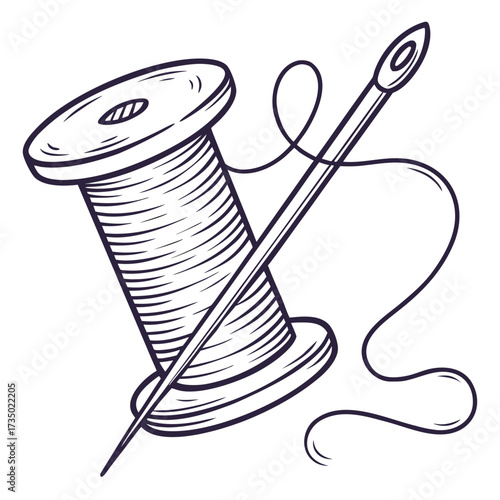 Illustration of a spool of thread with needle spool of thread is a cylinder around which thread, wire, or cable is wound, used in sewing