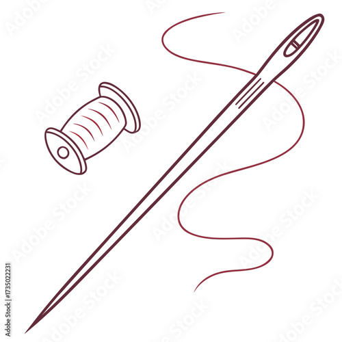 Illustration of a needle and a spool of thread sewing tools for needlework, tailoring, embroidery, crafting and dressmaking projects