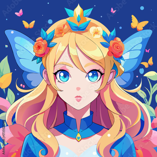 Enchanting blonde fairy or princess with large blue eyes, butterfly wings, and a crown of roses, set against a dark, magical garden background. Beautiful fantasy anime illustration.