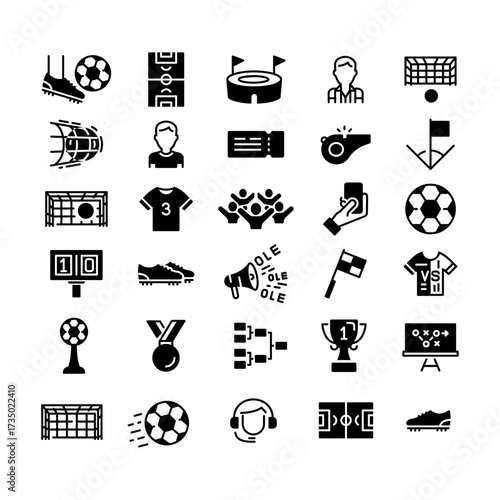 Soccer icons set A collection of various illustrations for soccer game-related elements in black