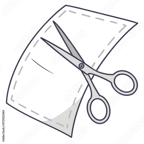 Scissors cutting a piece of paper with dotted line, symbolizing crafting, diy projects, or creative activities