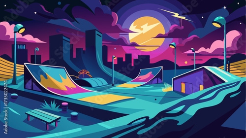 Vibrant night illustration of an empty city skatepark with ramps and urban skyline under a glowing moon. Featuring a stylized, synthwave-inspired color palette of neon pinks, blues, and purples.