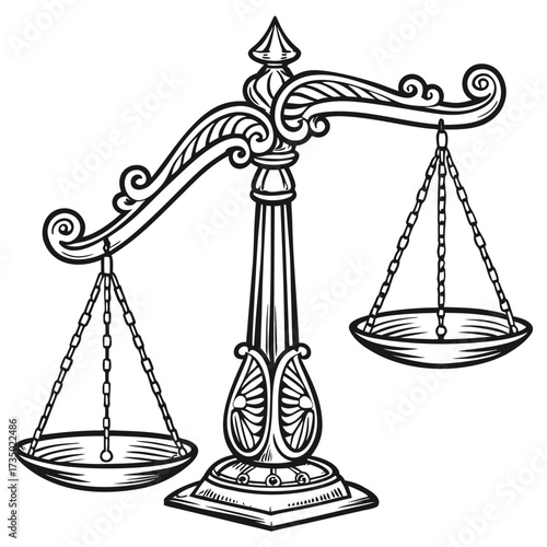 Detailed monochrome illustration of a vintage balance scale, symbolizing justice, equilibrium, and legal matters, perfect for law
