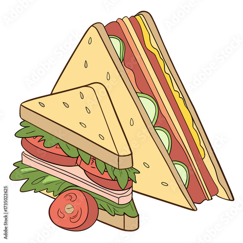 Two delicious triangle sandwiches with fresh ingredients, including lettuce, tomato, ham, cheese, and cucumber ready to eat for lunch