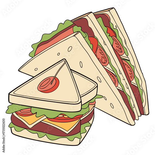 A stack of triangle sandwiches with various fillings, including lettuce, tomato, and cheese a tasty and convenient option for any occasion