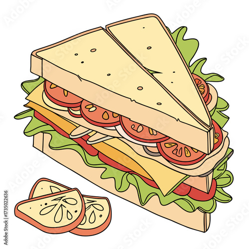 A delectable triangle sandwich with layers of fresh lettuce, tomatoes, cheese, and other savory fillings perfect for a quick and satisfying meal