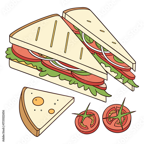 Illustration of a grilled sandwich with fresh tomatoes, lettuce, and onions, a delicious and satisfying meal, a flavorful culinary creation