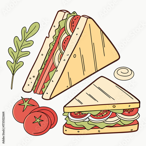 Illustration of two triangular sandwiches, one whole and one cut in half, the sandwiches are filled with lettuce, tomato, onion and ham