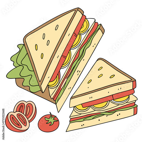 Illustration of a tasty egg salad sandwich with tomatoes and lettuce, a classic and satisfying meal, a simple yet flavorful delight