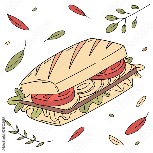 Illustration of a delicious sandwich with fresh vegetables and herbs, perfect for a healthy lunch or snack, a tasty and vibrant culinary delight