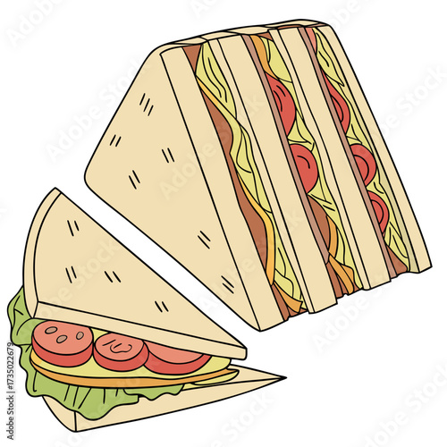 Illustration of two triangular sandwiches, one whole and one cut in half, the sandwiches are filled with lettuce, tomato, cheese and bacon