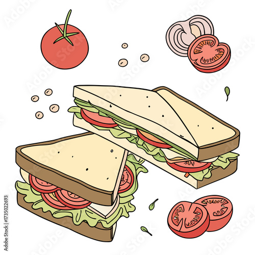 Sandwich illustration with fresh ingredients, perfect for menu design, food blogs, and culinary projects