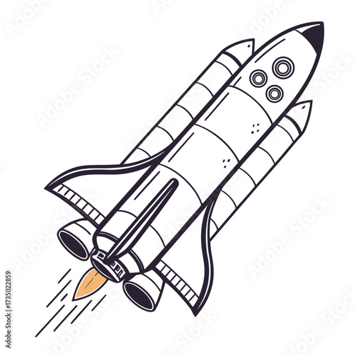 Hand drawn illustration of a space shuttle taking off into space, the shuttle is white with black outlines and orange flames