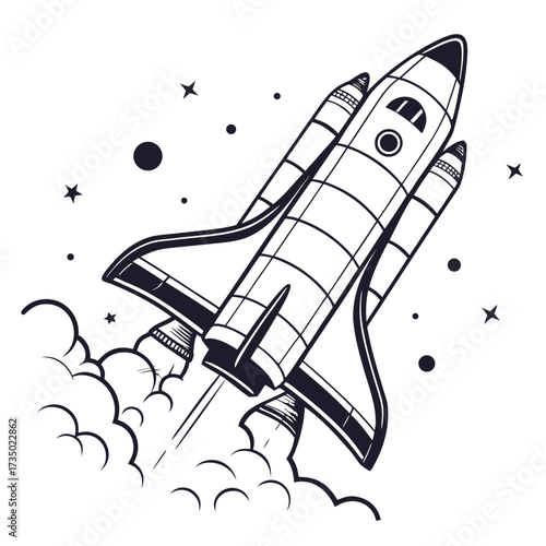 Illustration of a space shuttle taking off with smoke and stars the rocket is drawn in black and white with a simple, cartoonish style