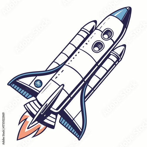 Illustration of a space shuttle taking off into space, the shuttle is white with blue accents and orange flames coming from the engines