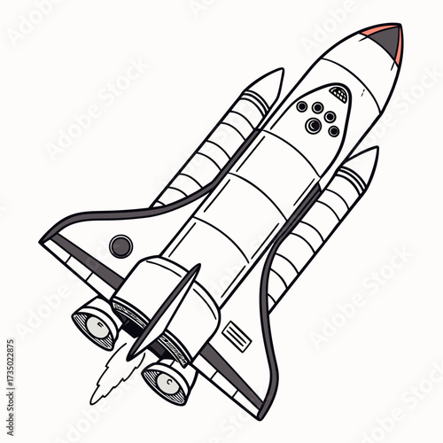 Hand drawn illustration of a space shuttle taking off into space, the shuttle is white with black outlines and gray accents