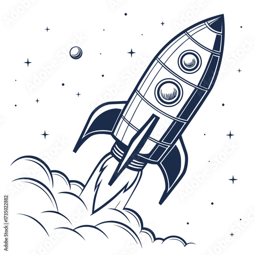 A stylized illustration of a rocket taking off into space, amidst stars and clouds, representing ambition and technological advancement