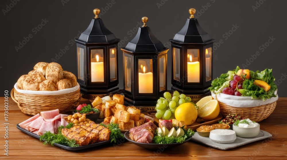 Naklejka premium Elegant Arrangement of Gourmet Food with Lanterns and Fresh Ingredients for a Cozy Dinner Gathering
