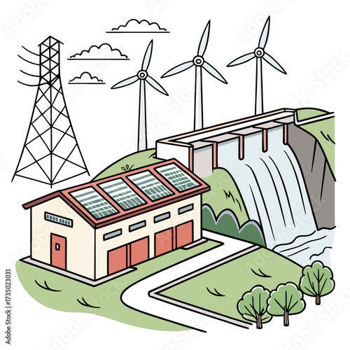 Illustration of a hydroelectric power plant with solar panels, wind turbines, and a power transmission tower, showcasing renewable energy sources and sustainable energy production