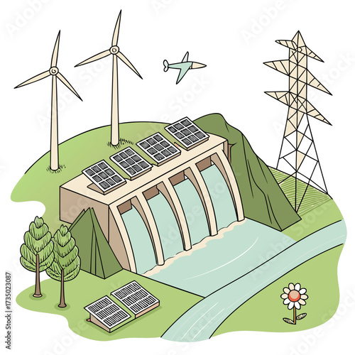 Illustration of a hydroelectric power plant with solar panels, wind turbines, and a power transmission tower, showcasing renewable energy sources and sustainable energy generation
