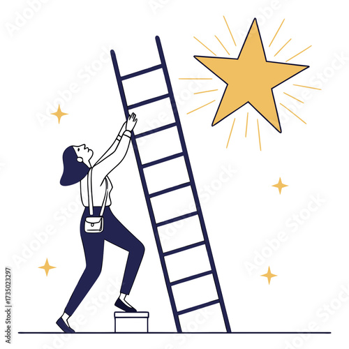 A woman climbing the ladder to success, she is determined to reach the star, with a purse on her shoulder