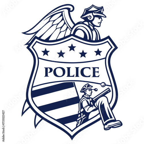 Police emblem featuring officers, wings, stars, and stripes, symbolizing law enforcement and protection