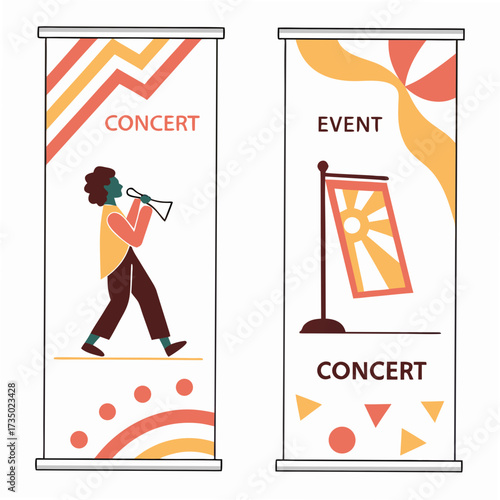 Two concert posters showcase musical events, one featuring a trumpet player and the other a sunlit flag, both promoting the concert