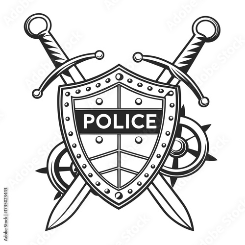 Police shield emblem with crossed swords and steering wheels, symbolizing law enforcement and maritime security