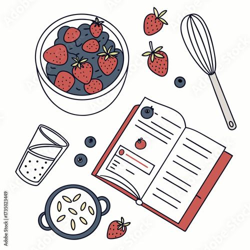 Overhead view of a cookbook with a recipe for a berryfilled breakfast, complete with strawberries, blueberries, and a glass of water