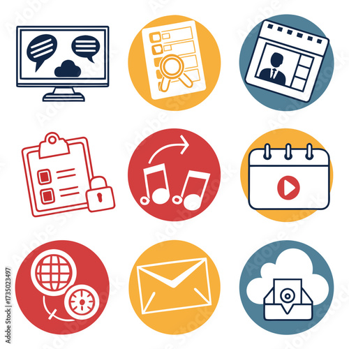 Set of vector icons representing various aspects of digital communication, online collaboration, and remote work