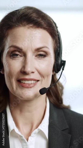 A smiling mature businesswoman with a headset provides friendly customer support in a call center