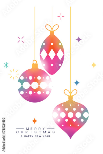 Colorful Gradient Christmas Ornaments with Festive Lights and Merry Christmas Greeting Card Design. Vector Illustration.