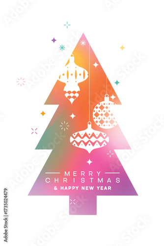 Colorful Gradient Christmas Tree with Ornaments and Merry Christmas Greeting Card Design. Vector Illustration.