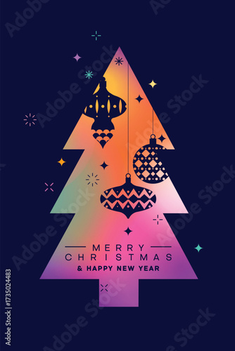 Colorful Gradient Christmas Tree with Ornaments and Merry Christmas Greeting Card Design. Vector Illustration.