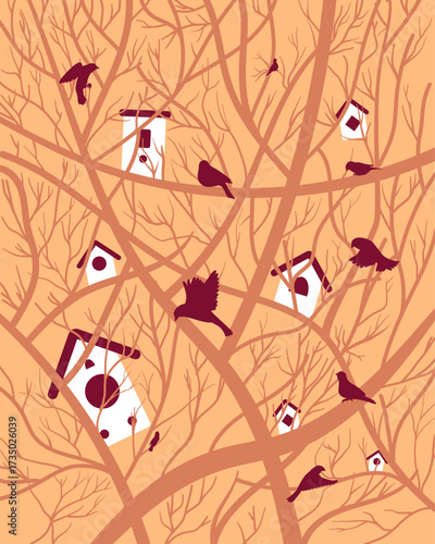 Minimalist nature pattern featuring birdhouses and birds in tree branches. Vector illustration for wildlife sanctuary and garden, forest background.
