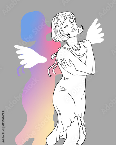 Self-love vector illustration. Woman hugs herself with wings and gradient shadow. Line art for wellness, psychology and mental health.