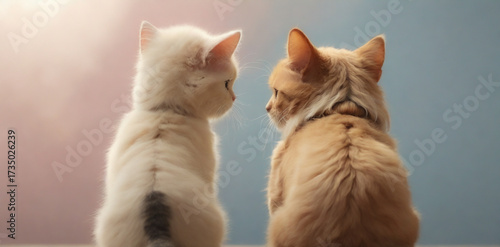 Two kittens facing each other in warm pastel light. Adorable white and orange kittens showing affection. Cute kittens interaction in soft lighting. Two young cats gazing at each other peacefully.