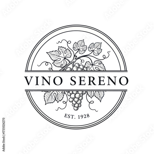 A circular black and white logo for Vino Sereno, featuring grapevines and the text "VINO SERENO EST. 1928".