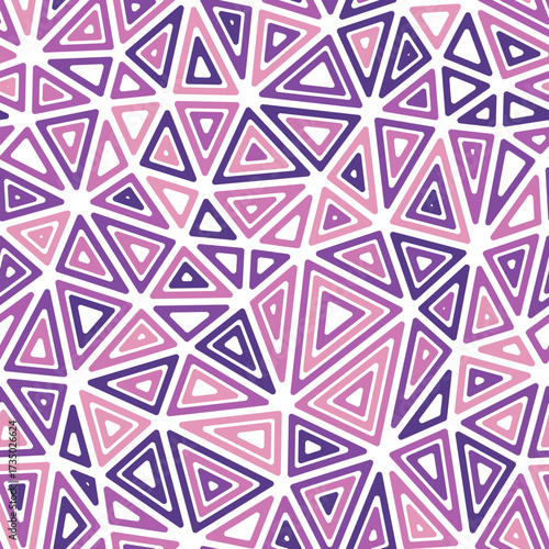 Triangles Background. Medium shape size. Multiple repeated inner triangles. Multicolored style. Repeatable pattern. Beautiful vector tiles. Seamless vector illustration.