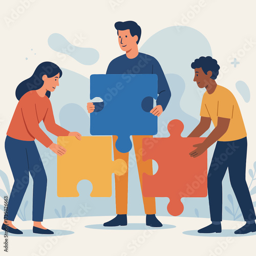 Teamwork illustration collaboration puzzle pieces solutions art  Flat Vector

