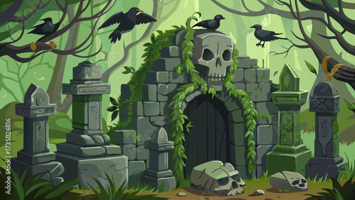 a creepy, overgrown crypt or tomb entrance featuring a massive skull motif, surrounded by old gravestones, trees, and ominous crows. Perfect for Halloween or gaming.